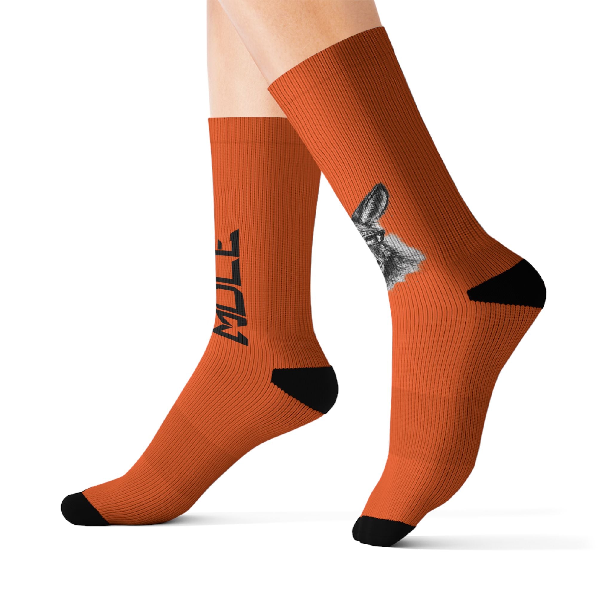 Modern Mule Orange Sublimation Socks — Donkey Graphic Crew Socks