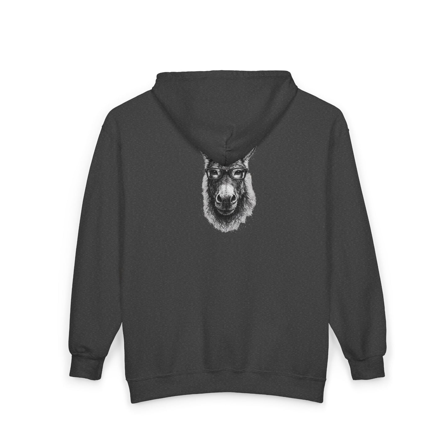 Llama Portrait Zip Hoodie — Realistic Llama Face Full-Zip Sweatshirt