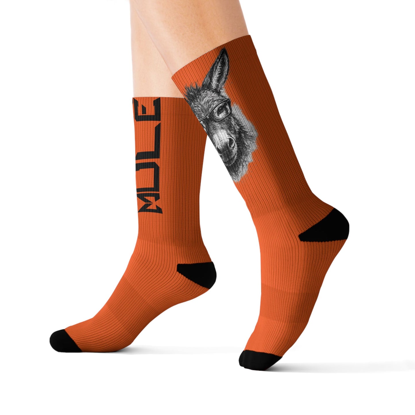 Modern Mule Orange Sublimation Socks — Donkey Graphic Crew Socks