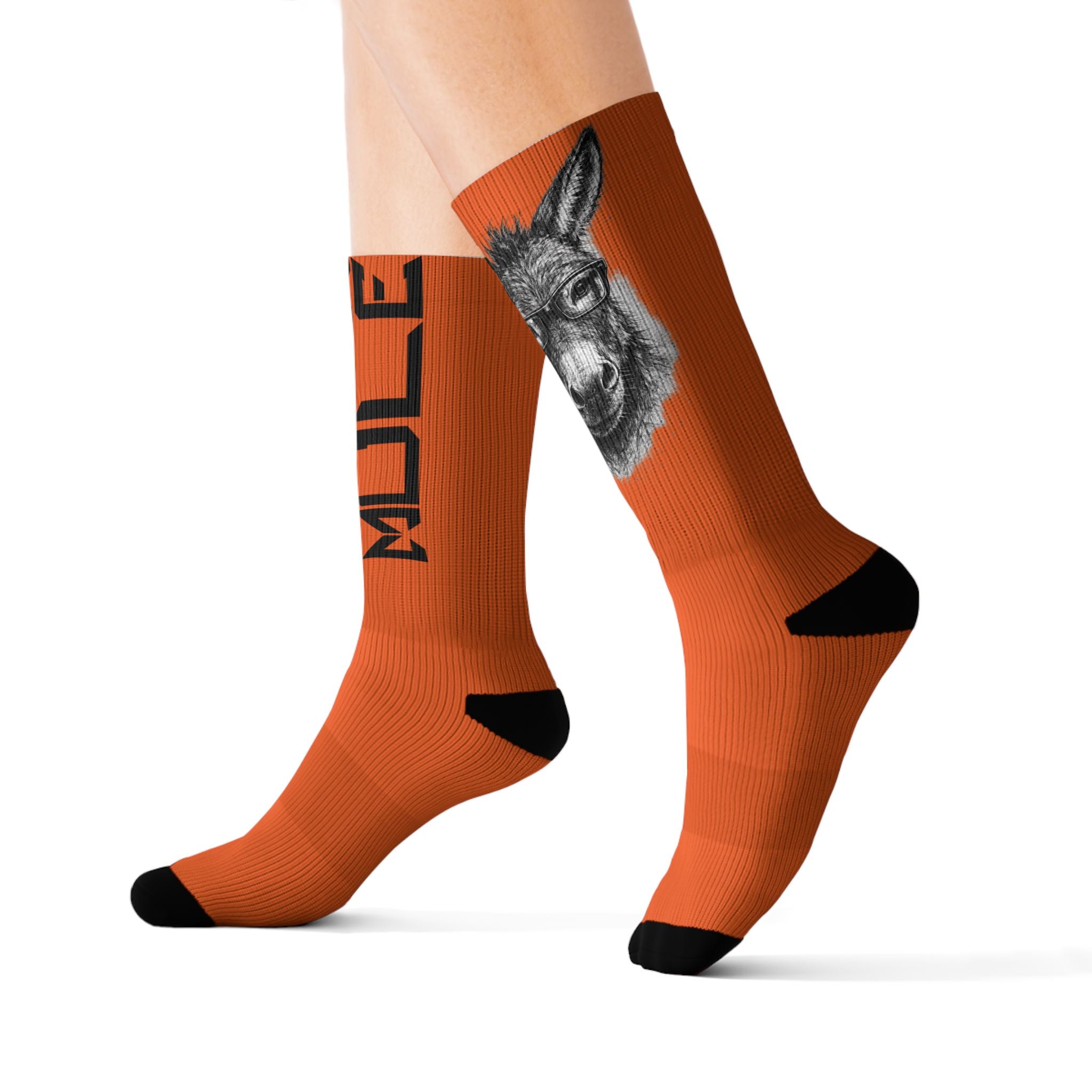 Modern Mule Orange Sublimation Socks — Donkey Graphic Crew Socks